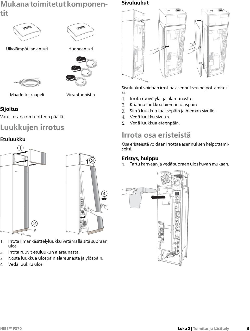 4. Vedä luukku sivuun. 5. Vedä luukkua eteenpäin. Irrota osa eristeistä Osa eristeestä voidaan irrottaa asennuksen helpottamiseksi. Eristys, huippu 1. Tartu kahvaan ja vedä suoraan ulos kuvan mukaan.