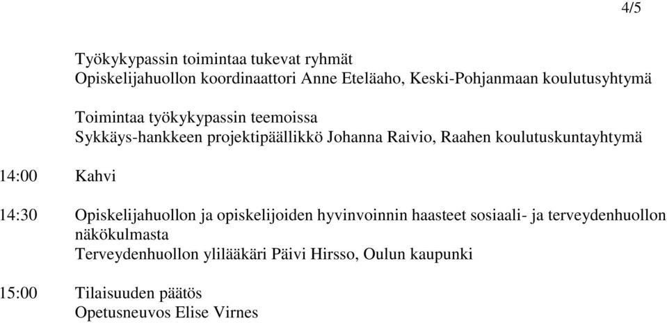 Raivio, Raahen koulutuskuntayhtymä 14:30 Opiskelijahuollon ja opiskelijoiden hyvinvoinnin haasteet sosiaali- ja