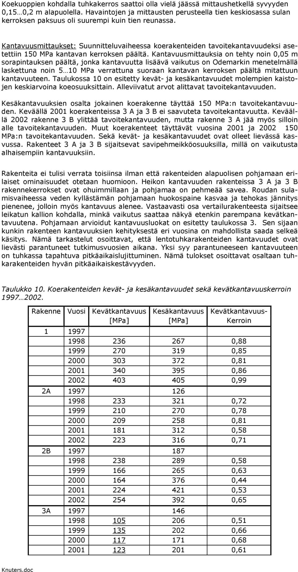 Kantavuusmittaukset: Suunnitteluvaiheessa koerakenteiden tavoitekantavuudeksi asetettiin 15 MPa kantavan kerroksen päältä.