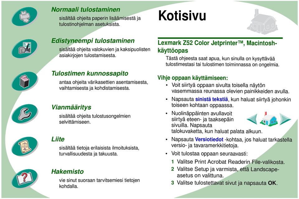 Nuolinäppäinten avullavoit siirtyä eteen- ja taaksepäin sivuilla. Napsauta talokuvaketta, kun haluat palata alkuun.