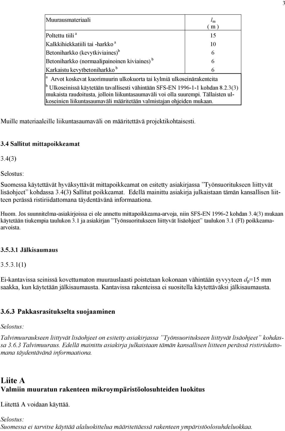 3(3) mukaista raudoitusta, jolloin liikuntasaumaväli voi olla suurempi. Tällaisten ulkoseinien liikuntasaumaväli määritetään valmistajan ohjeiden mukaan.