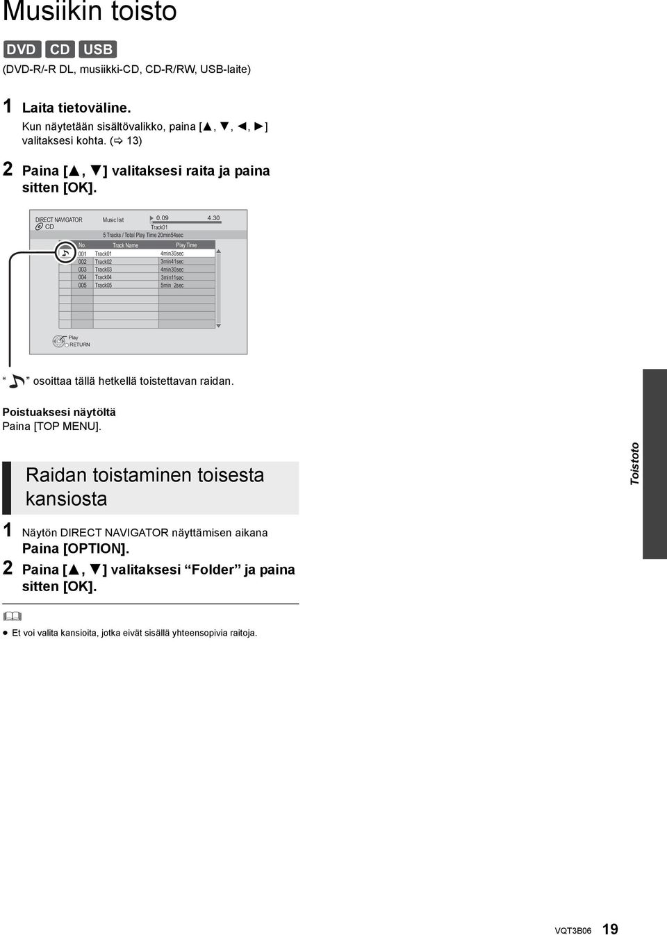 Track Name Play Time 001 Track01 4min30sec 002 003 004 005 Track02 Track03 Track04 Track05 3min41sec 4min30sec 3min11sec 5min 2sec Play RETURN osoittaa tällä hetkellä toistettavan raidan.
