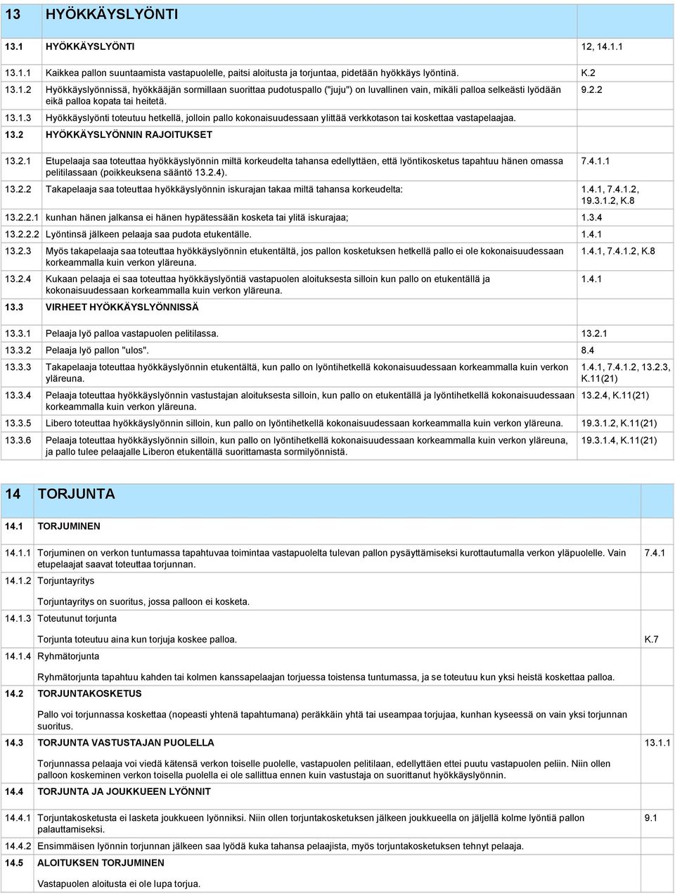 HYÖKKÄYSLYÖNNIN RAJOITUKSET 13.2.1 Etupelaaja saa toteuttaa hyökkäyslyönnin miltä korkeudelta tahansa edellyttäen, että lyöntikosketus tapahtuu hänen omassa pelitilassaan (poikkeuksena sääntö 13.2.4).