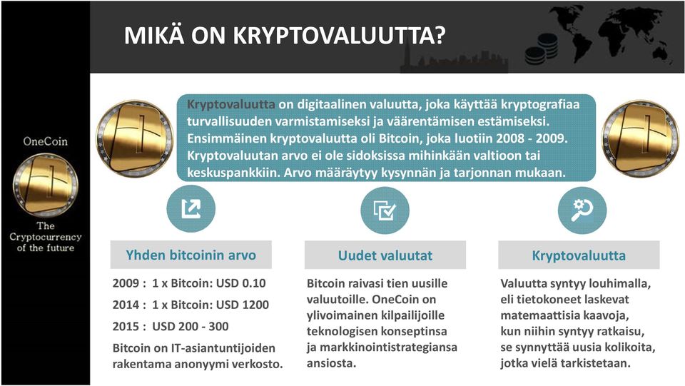 Yhden bitcoinin arvo 2009 : 1 x Bitcoin: USD 0.10 2014 : 1 x Bitcoin: USD 1200 2015 : USD 200-300 Bitcoin on IT-asiantuntijoiden rakentama anonyymi verkosto.