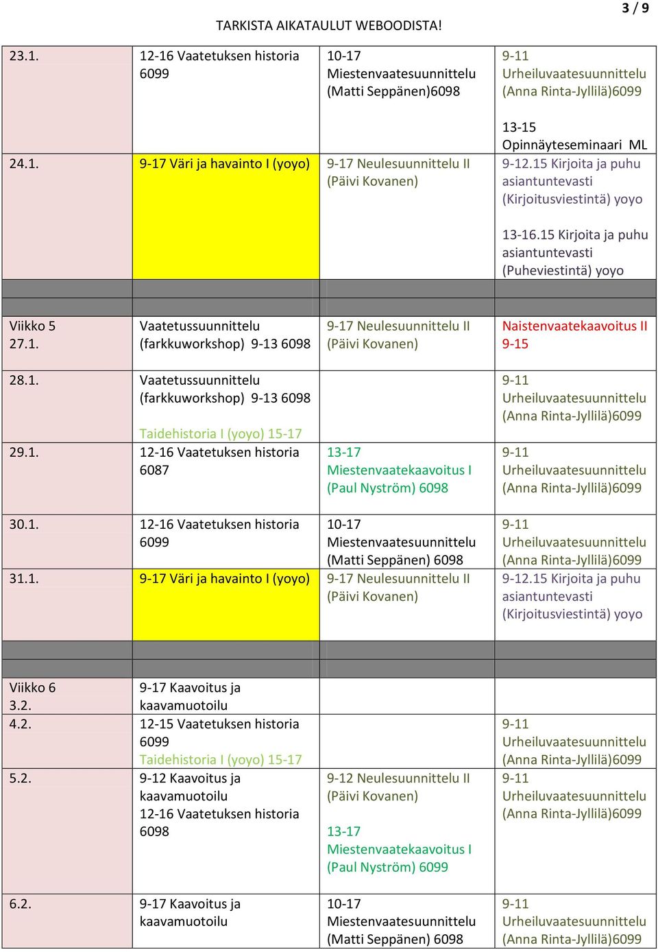 1. 12-16 Vaatetuksen historia (Paul Nyström) 30.1. 12-16 Vaatetuksen historia 31.1. 9-17 Väri ja havainto I (yoyo) 9-17 Neulesuunnittelu II Viikko 6 9-17 Kaavoitus ja 3.