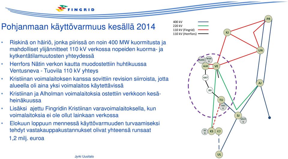 sovittiin revision siirroista, jotta alueella oli aina yksi voimalaitos käytettävissä KAT AJ Kristiinan ja Alholman voimalaitoksia ostettiin verkkoon kesäheinäkuussa JSS TU Lisäksi ajettu Fingridin