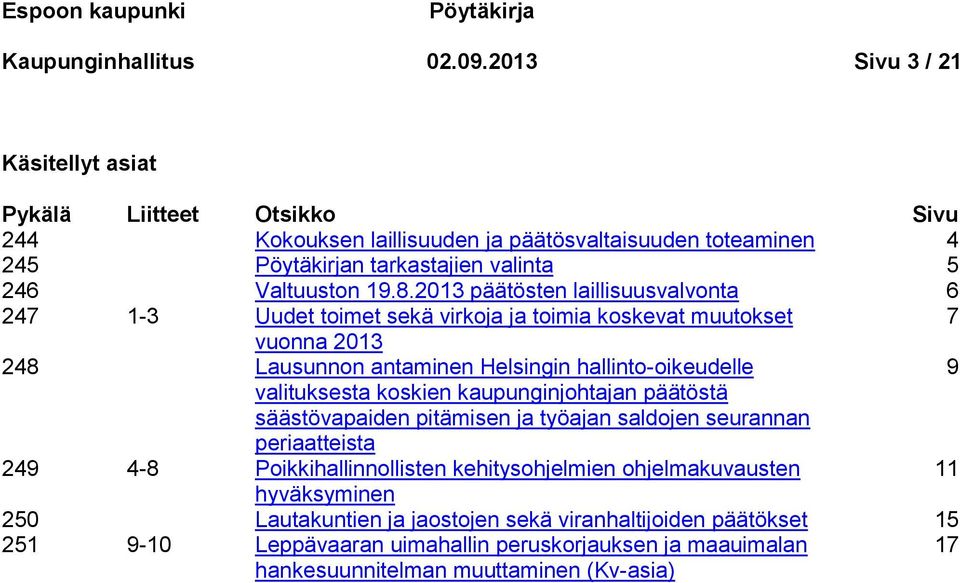 2013 päätösten laillisuusvalvonta 6 247 1-3 Uudet toimet sekä virkoja ja toimia koskevat muutokset 7 vuonna 2013 248 Lausunnon antaminen Helsingin hallinto-oikeudelle 9 valituksesta koskien