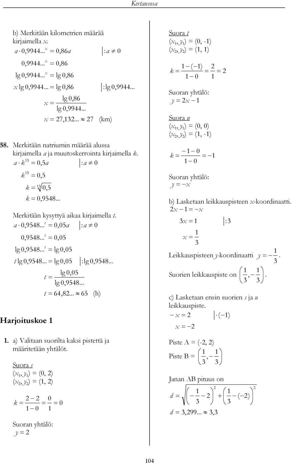 .. lg 0,0 t Harjoitusoe lg 0,0 lg 0,9... t,... :lg 0,9... (h). a) Valitaan suorilta asi pistettä ja määritetään yhtälöt.