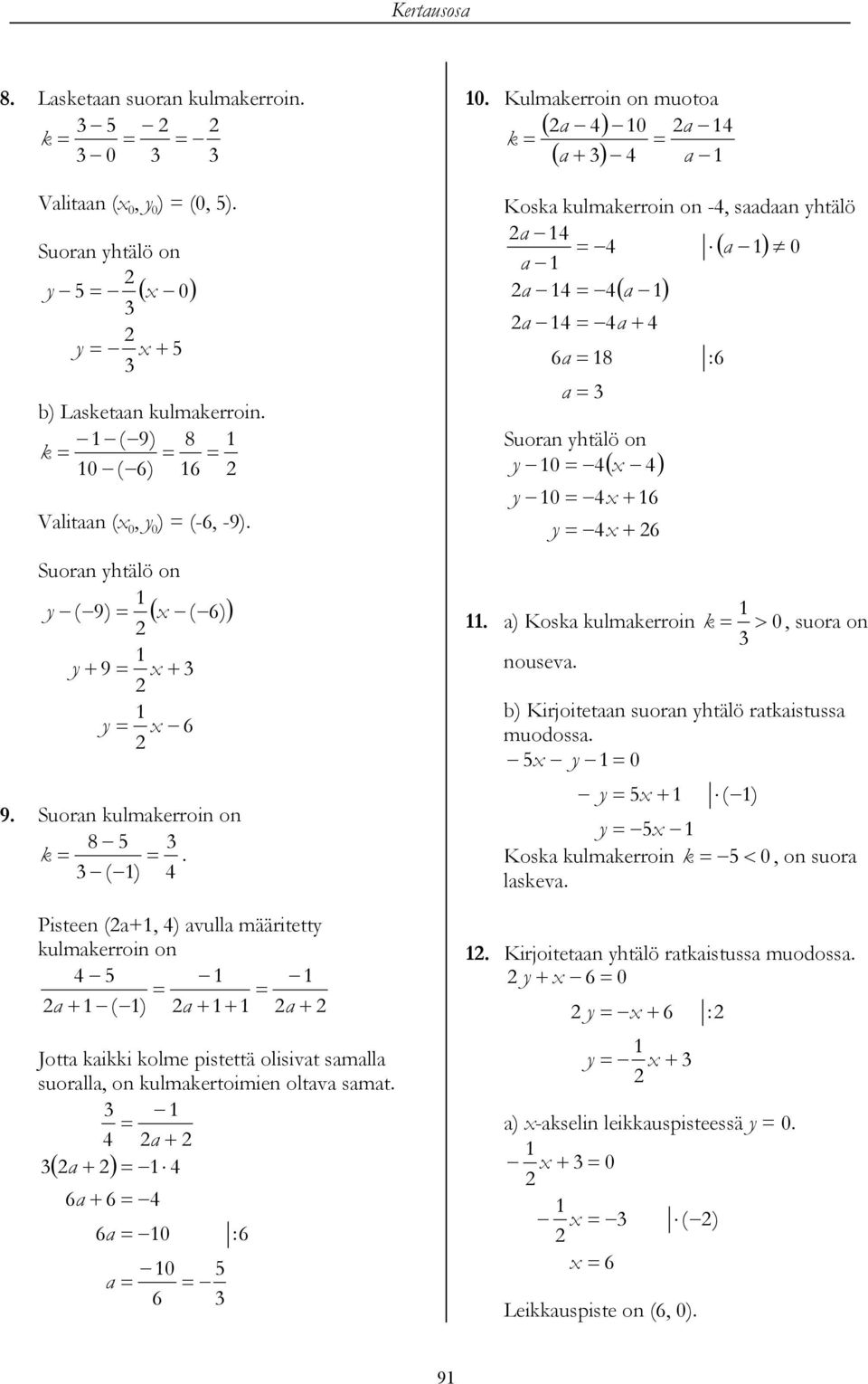 Kulmaerroin on muotoa ( a ) 0 a a a Kosa ulmaerroin on -, saadaan yhtälö a ( a ) 0 a a a a a a : a Suoran yhtälö on y 0 y 0 y. a) Kosa ulmaerroin > 0, suora on nouseva.