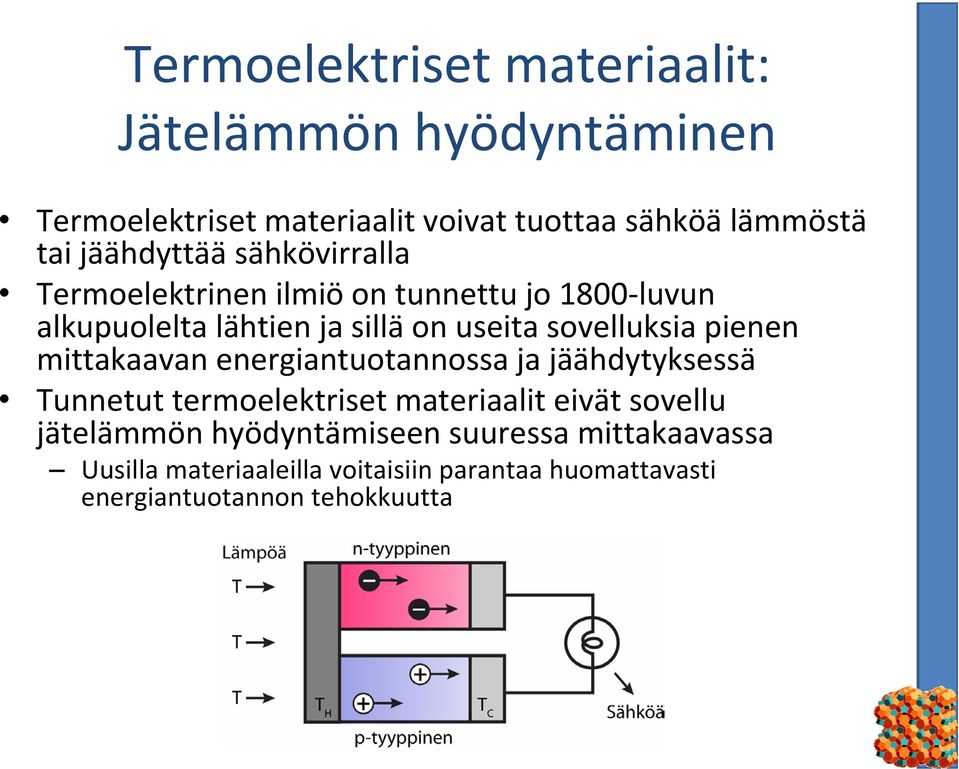 sovelluksia pienen mittakaavan energiantuotannossa ja jäähdytyksessä Tunnetut termoelektriset materiaalit eivät sovellu