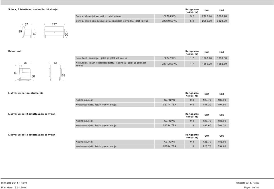 80 Lisävarusteet nojatuoleihin Käsinojasuojat C2712KS 0,8 128.70 186.90 Kosteussuojattu istuintyynyn suoja C2714ITBA 151.20 194.90 Lisävarusteet 2-istuttavaan sohvaan Käsinojasuojat C2712KS 0,8 128.