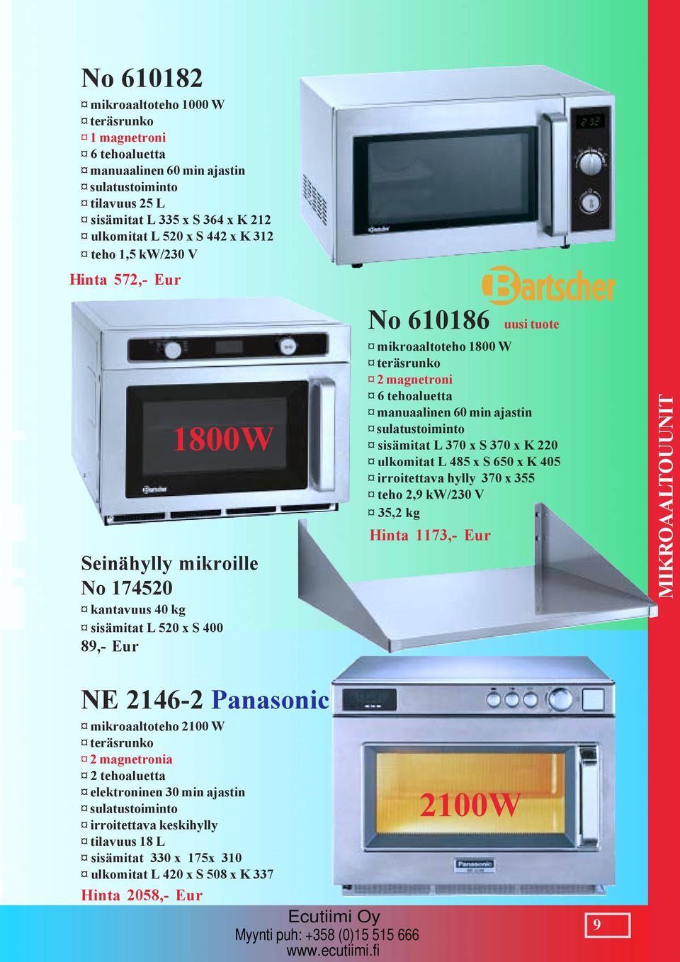 ajastin sulatustoiminto sisämitat L 370 x S 370 x K 220 ulkomitat L 485 x S 650 x K 405 irroitettava hylly 370 x 355 teho 2,9 kw/230 V 35,2 kg Hinta 1173,- Eur uusi tuote MIKROAALTOUUNIT NE 2146-2