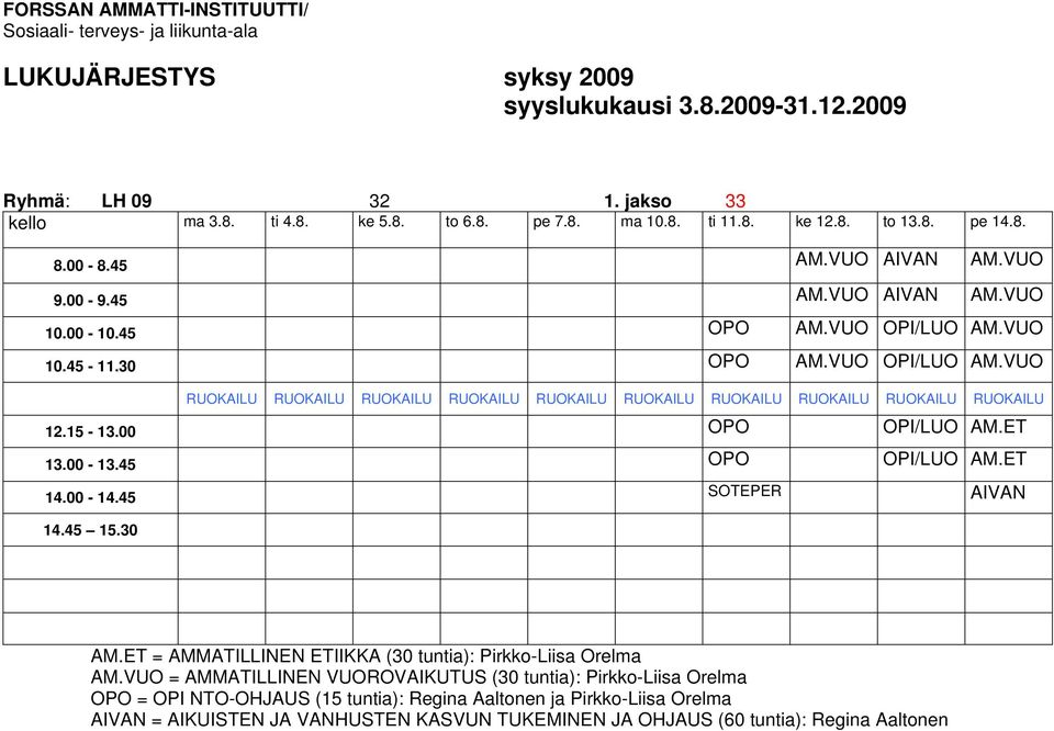 45 OPO OPI/LUO AM.ET 14.00-14.45 SOTEPER AIVAN 14.45 15.30 AM.ET = AMMATILLINEN ETIIKKA (30 tuntia): Pirkko-Liisa Orelma AM.