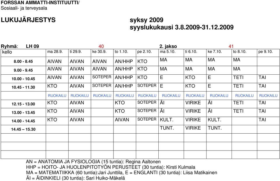 00 KTO AIVAN KTO SOTEPER ÄI VIRIKE ÄI TETI TAI 13.00-13.45 KTO AIVAN KTO SOTEPER ÄI VIRIKE ÄI TETI TAI 14.00-14.45 KTO AIVAN AIVAN SOTEPER KULT. VIRIKE KULT. TAI 14.45 15.30 TUNT. VIRIKE TUNT.