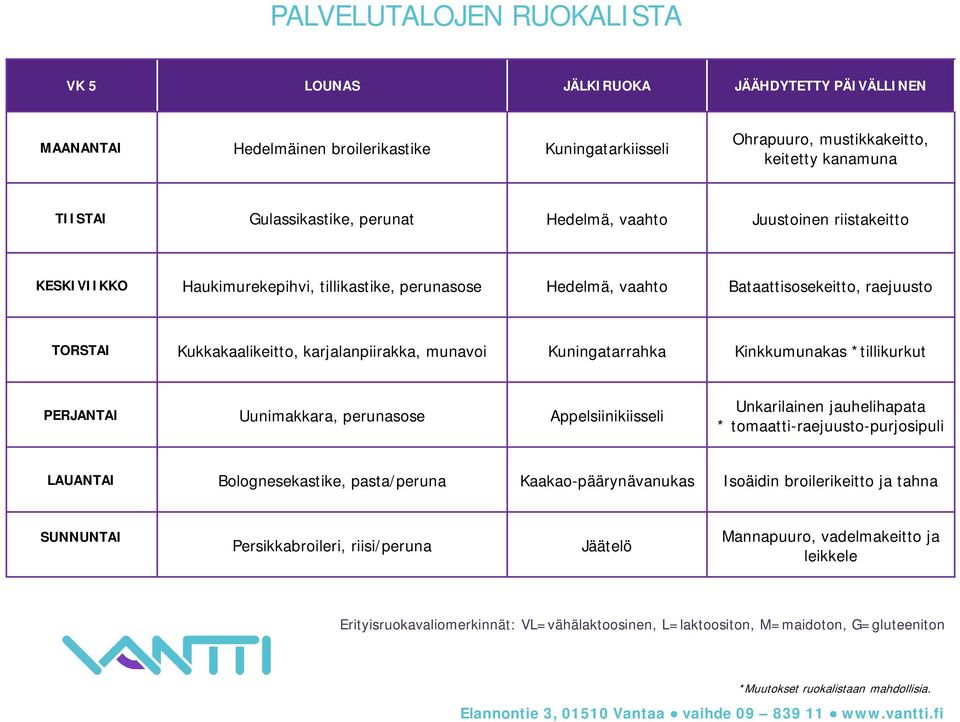 Kukkakaalikeitto, karjalanpiirakka, munavoi Kuningatarrahka Kinkkumunakas *tillikurkut Uunimakkara, perunasose Appelsiinikiisseli Unkarilainen jauhelihapata *