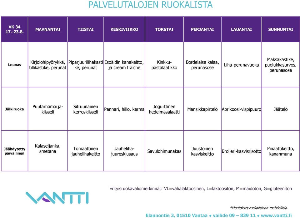 kalaa, Liha-perunavuoka Maksakastike, puolukkasurvos, Puutarhamarjakiisseli Sitruunainen kerroskiisseli Pannari, hillo, kerma