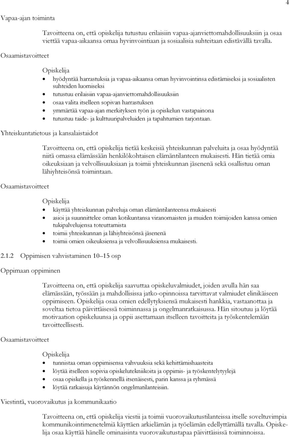 hyödyntää harrastuksia ja vapaa-aikaansa oman hyvinvointinsa edistämiseksi ja sosiaalisten suhteiden luomiseksi tutustuu erilaisiin vapaa-ajanviettomahdollisuuksiin osaa valita itselleen sopivan