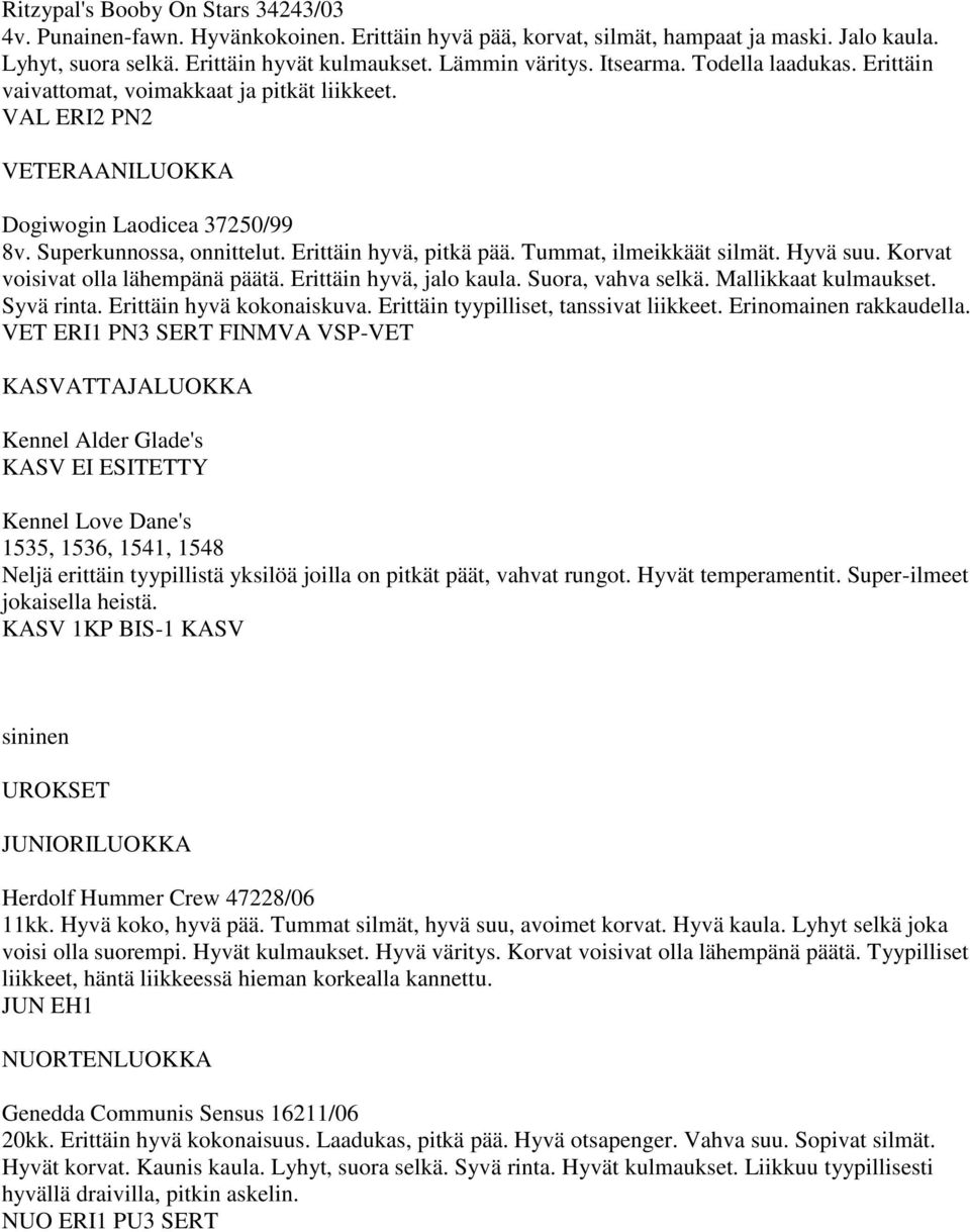 Tummat, ilmeikkäät silmät. Hyvä suu. Korvat voisivat olla lähempänä päätä. Erittäin hyvä, jalo kaula. Suora, vahva selkä. Mallikkaat kulmaukset. Syvä rinta. Erittäin hyvä kokonaiskuva.