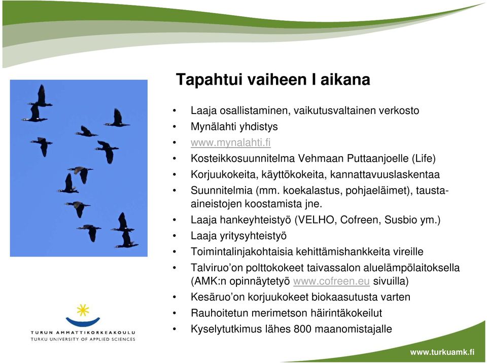 koekalastus, pohjaeläimet), taustaaineistojen koostamista jne. Laaja hankeyhteistyö (VELHO, Cofreen, Susbio ym.