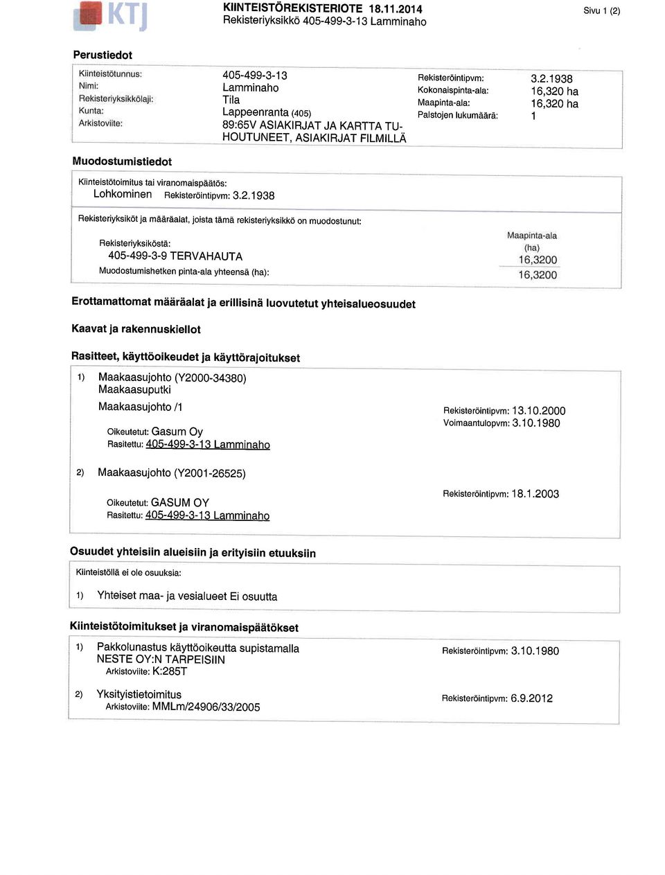 HOUTUNEET, ASIAKI RJAT FILMILLA Sivu 1 (2) 3.2.1938 16,320 ha 16,320 ha 1 Kiinteistotoimitus tai viranomaisoeatos: Lohkominen Rekisterointipvm: 3.2.1938 Rekisteriyksikot ja maardalat, joista tama rekisteriyksikko on muodostunut: RekisteriyksikOsta: 405-499-3.