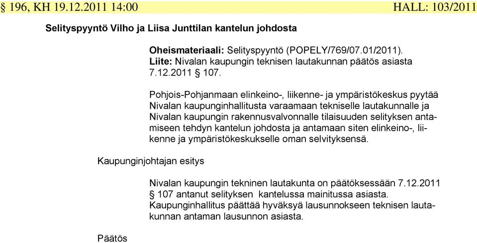 Pohjois-Pohjanmaan elinkeino-, liikenne- ja ympäristökeskus pyytää Nivalan kaupunginhallitusta varaamaan tekniselle lautakunnalle ja Nivalan kaupungin rakennusvalvonnalle tilaisuuden