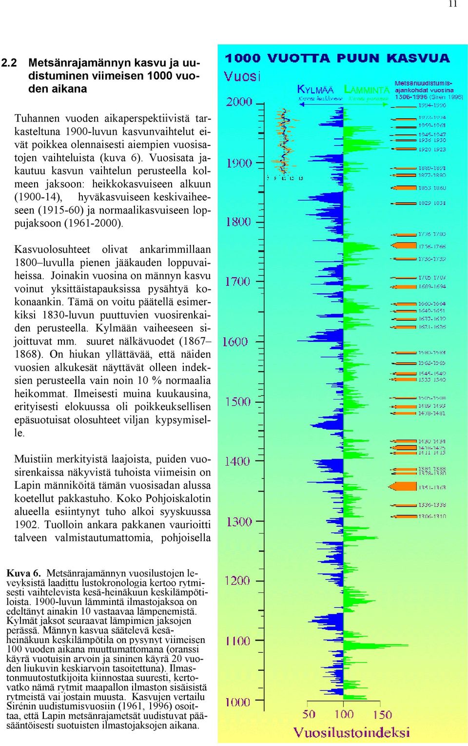 Vuosisata jakautuu kasvun vaihtelun perusteella kolmeen jaksoon: heikkokasvuiseen alkuun (1900-14), hyväkasvuiseen keskivaiheeseen (1915-60) ja normaalikasvuiseen loppujaksoon (1961-2000).