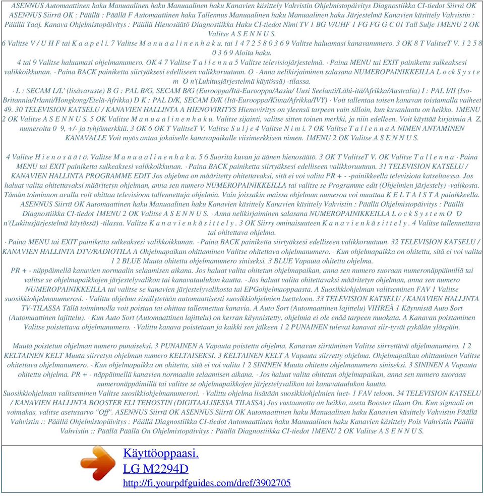 Kanava Ohjelmistopäivitys : Päällä Hienosäätö Diagnostiikka Haku CI-tiedot Nimi TV 1 BG V/UHF 1 FG FG G C 01 Tall Sulje 1MENU 2 OK Valitse A S E N N U S. 6 Valitse V / U H F tai K a a p e l i.