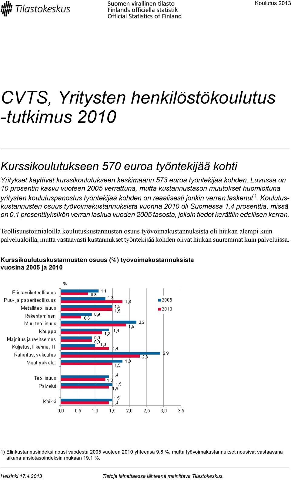 Koulutuskustannusten osuus työvoimakustannuksista vuonna 2010 oli Suomessa 1,4 prosenttia, missä on 0,1 prosenttiyksikön verran laskua vuoden 2005 tasosta, jolloin tiedot kerättiin edellisen kerran.