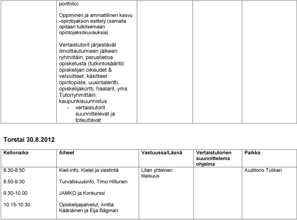 Tutorryhmittäin: kaupunkisuunnistus - vertaistutorit suunnittelevat ja toteuttavat Torstai 30.8.2012 suunnittelema ohjelma 8.30-8.
