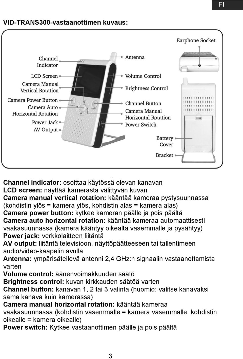 (kamera kääntyy oikealta vasemmalle ja pysähtyy) Power jack: verkkolaitteen liitäntä AV output: liitäntä televisioon, näyttöpäätteeseen tai tallentimeen audio/video-kaapelin avulla Antenna: