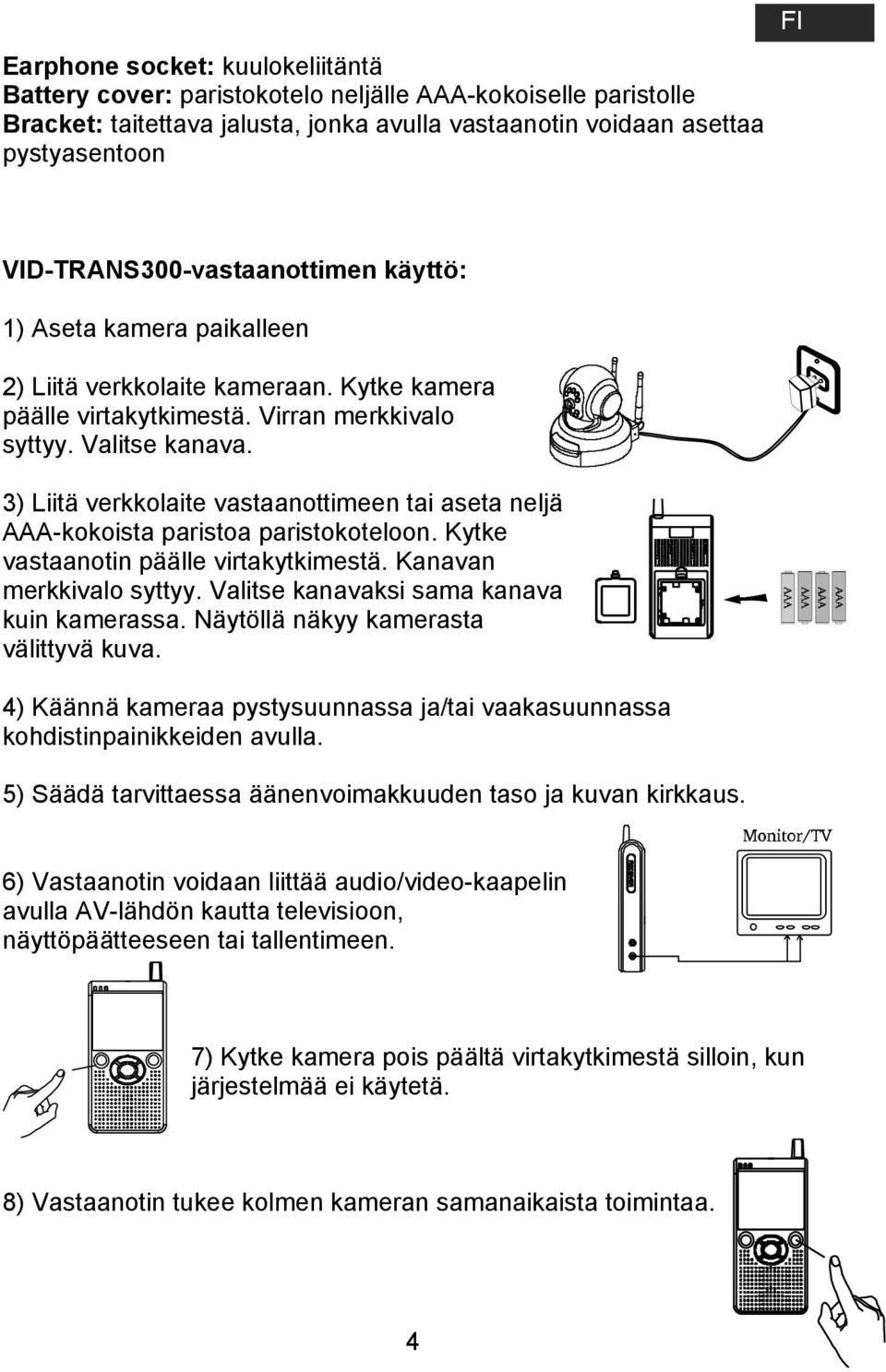 3) Liitä verkkolaite vastaanottimeen tai aseta neljä AAA-kokoista paristoa paristokoteloon. Kytke vastaanotin päälle virtakytkimestä. Kanavan merkkivalo syttyy.