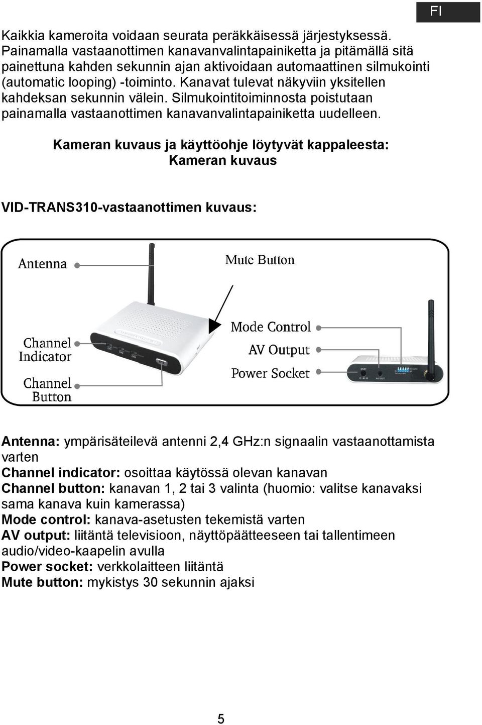 Kanavat tulevat näkyviin yksitellen kahdeksan sekunnin välein. Silmukointitoiminnosta poistutaan painamalla vastaanottimen kanavanvalintapainiketta uudelleen.