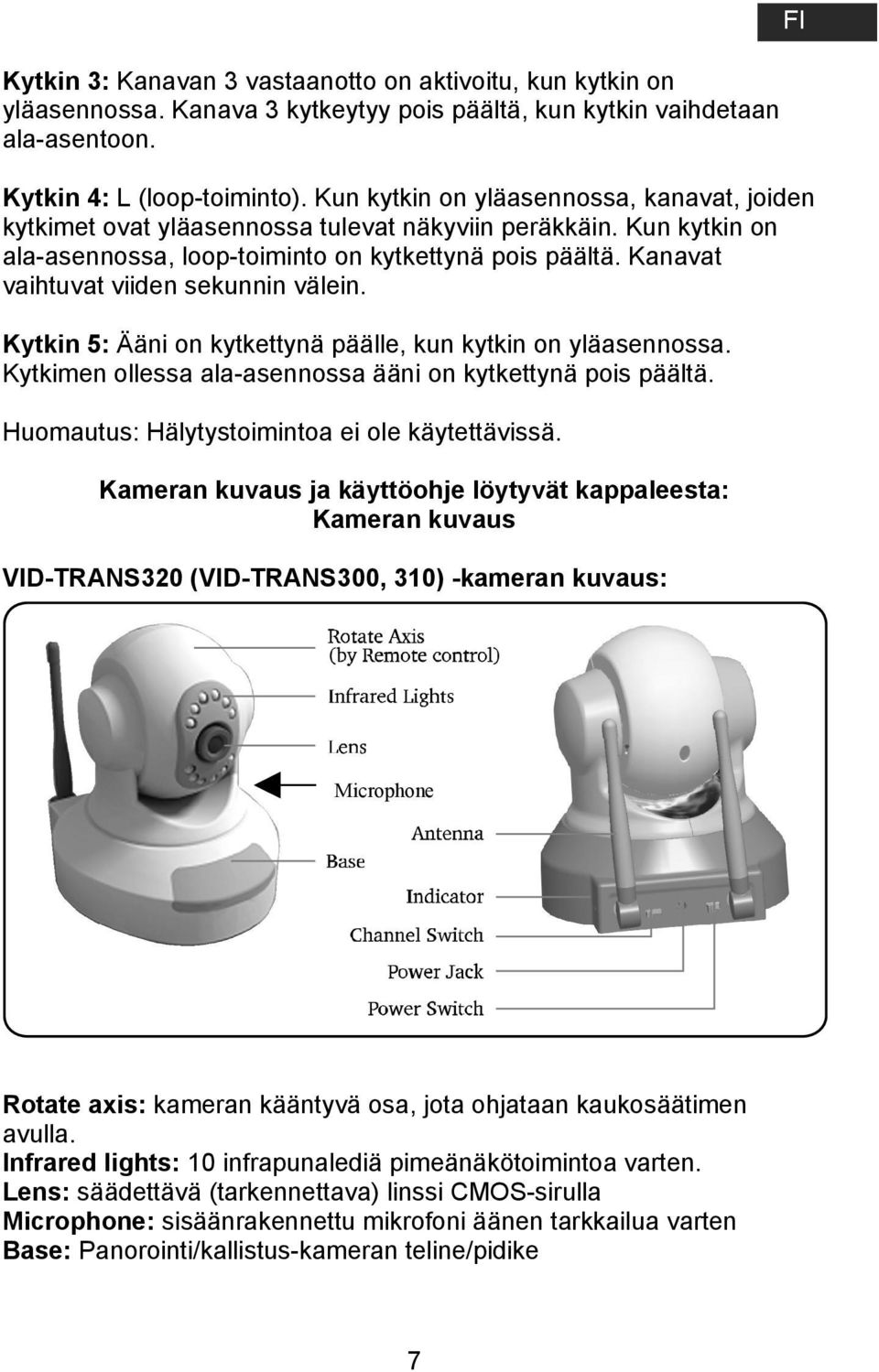 Kanavat vaihtuvat viiden sekunnin välein. Kytkin 5: Ääni on kytkettynä päälle, kun kytkin on yläasennossa. Kytkimen ollessa ala-asennossa ääni on kytkettynä pois päältä.