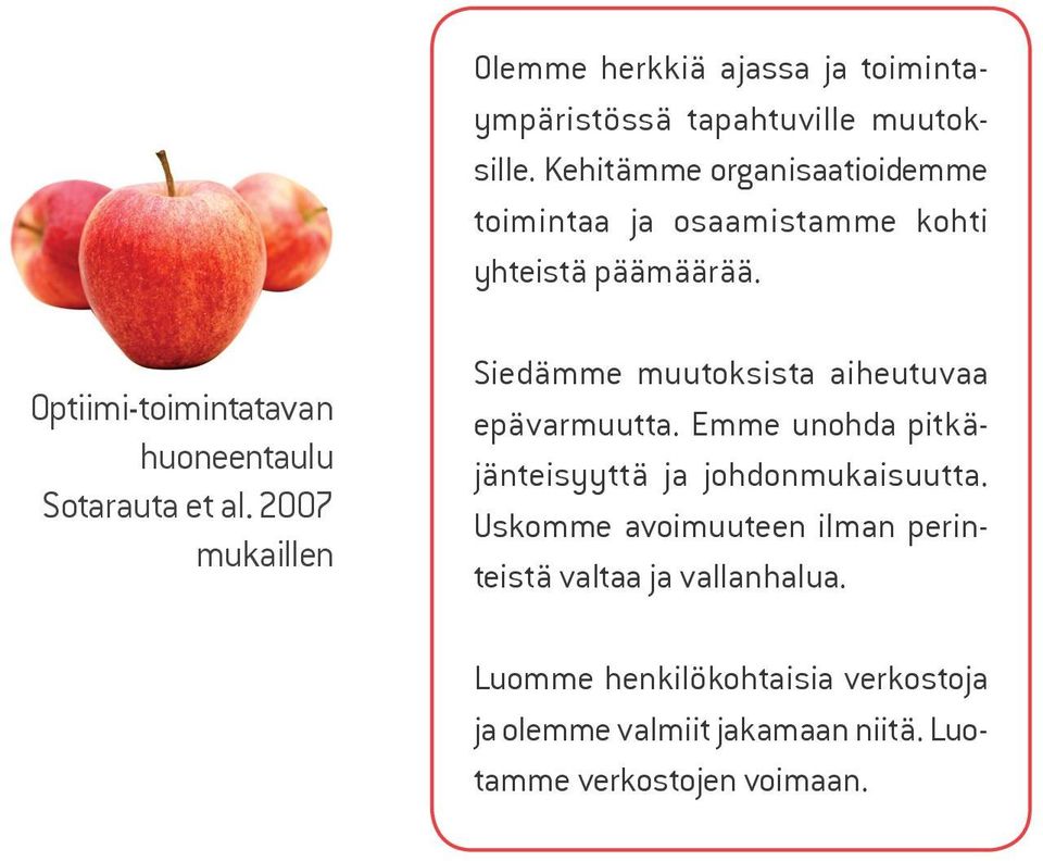 Optiimi-toimintatavan huoneentaulu Sotarauta et al. 2007 mukaillen Siedämme muutoksista aiheutuvaa epävarmuutta.