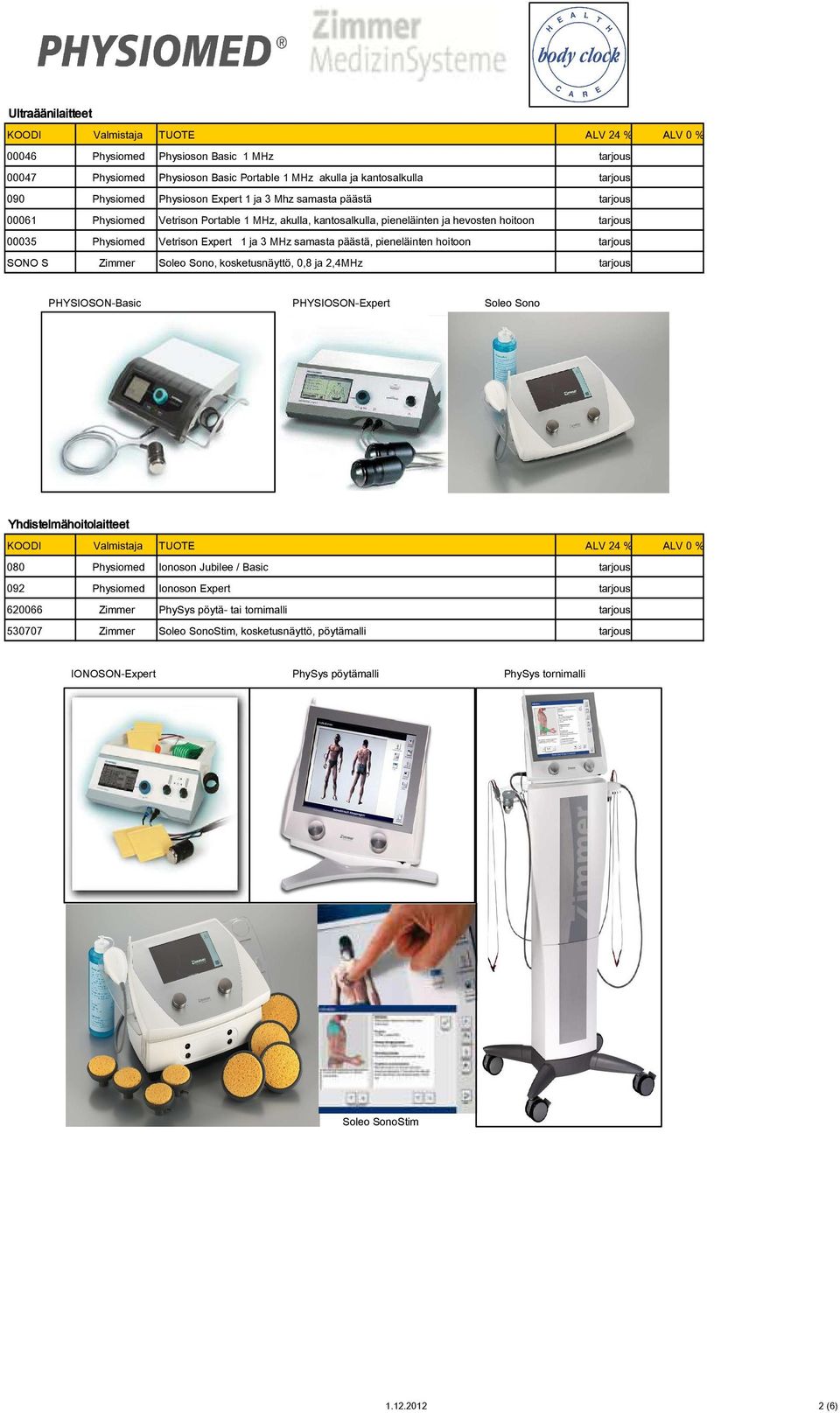 Soleo Sono, kosketusnäyttö, 0,8 ja 2,4MHz PHYSIOSON-Basic PHYSIOSON-Expert Soleo Sono Yhdistelmähoitolaitteet KOODI Valmistaja TUOTE ALV 24 % ALV 0 % 080 Ionoson Jubilee / Basic 092