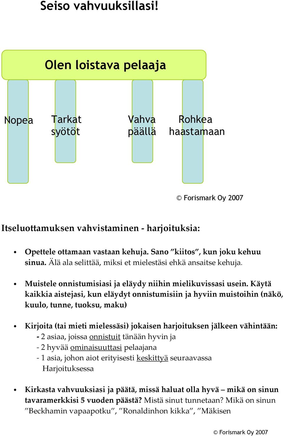 Käytä kaikkia aistejasi, kun eläydyt onnistumisiin ja hyviin muistoihin (näkö, kuulo, tunne, tuoksu, maku) Kirjoita (tai mieti mielessäsi) jokaisen harjoituksen jälkeen vähintään: - 2 asiaa, joissa