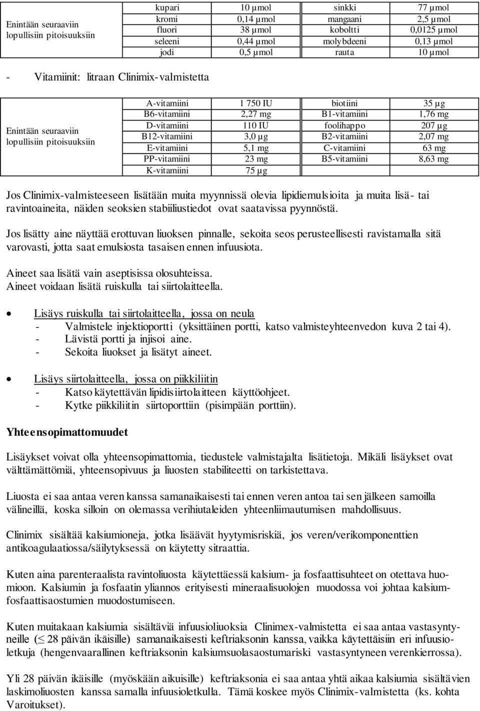 foolihappo 207 µg B12-vitamiini 3,0 µg B2-vitamiini 2,07 mg E-vitamiini 5,1 mg C-vitamiini 63 mg PP-vitamiini 23 mg B5-vitamiini 8,63 mg K-vitamiini 75 µg Jos Clinimix-valmisteeseen lisätään muita