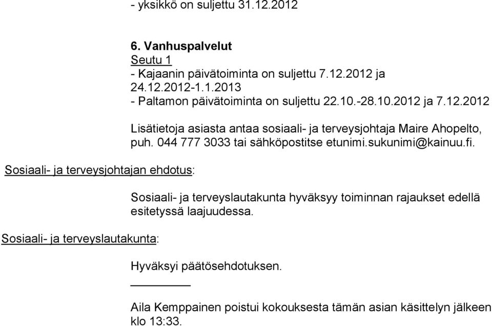 12.2012 Lisätietoja asiasta antaa sosiaali- ja terveysjohtaja Maire Ahopelto, puh. 044 777 3033 tai sähköpostitse etunimi.sukunimi@kainuu.fi.