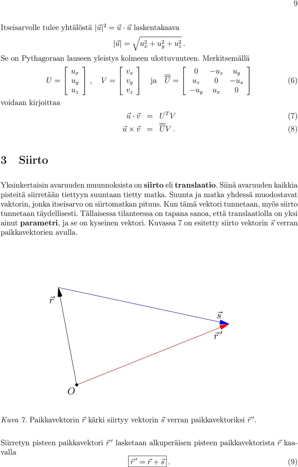 Siinä avaruuden kaikkia pisteitä siirretään tiettn suuntaan tiett matka. Suunta ja matka hdessä muodostavat vaktorin, jonka itseisarvo on siirtomatkan pituus.