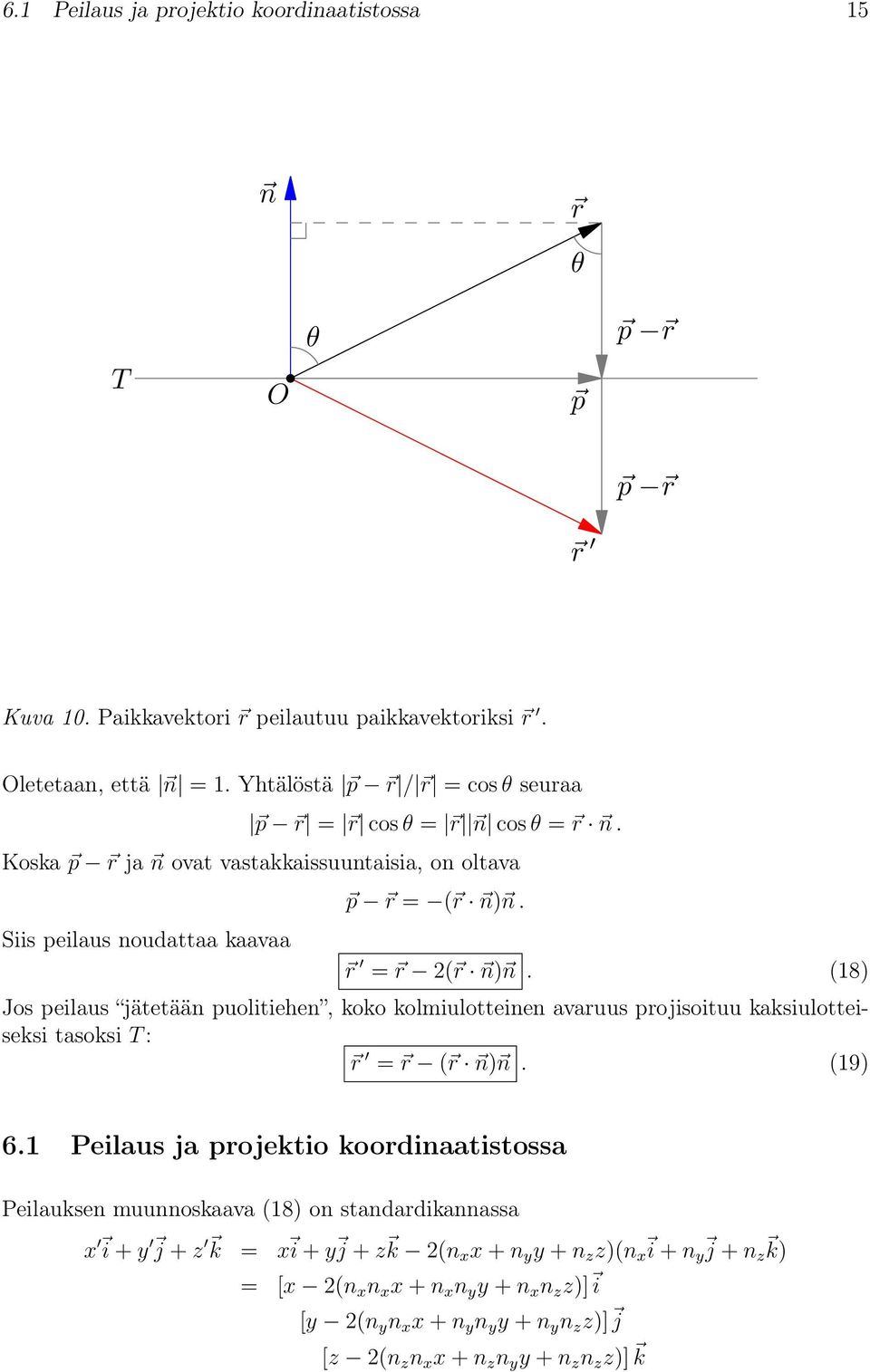 r = r 2( r n) n. (18) Jos peilaus jätetään puolitiehen, koko kolmiulotteinen avaruus projisoituu kaksiulotteiseksi tasoksi T : r = r ( r n) n. (19) 6.