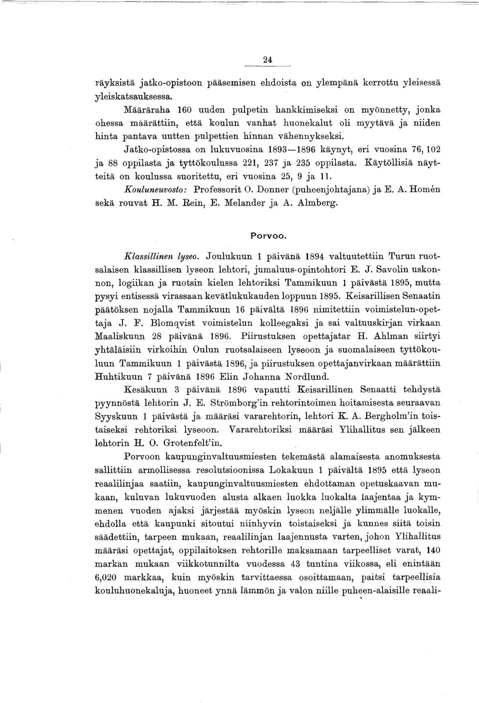 Jatko-opistossa on lukuvuosina 1893 1896 käynyt, eri vuosina 76, 102 ja 88 oppilasta ja tyttökoulussa 221, 237 ja 235 oppilasta.