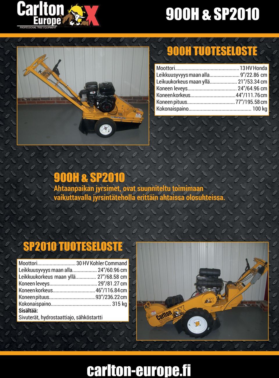 .. 100 kg 900H & SP2010 Ahtaanpaikan jyrsimet, ovat suunniteltu toimimaan vaikuttavalla jyrsintäteholla erittäin ahtaissa olosuhteissa. SP2010 TUOTESELOSTE Moottori.