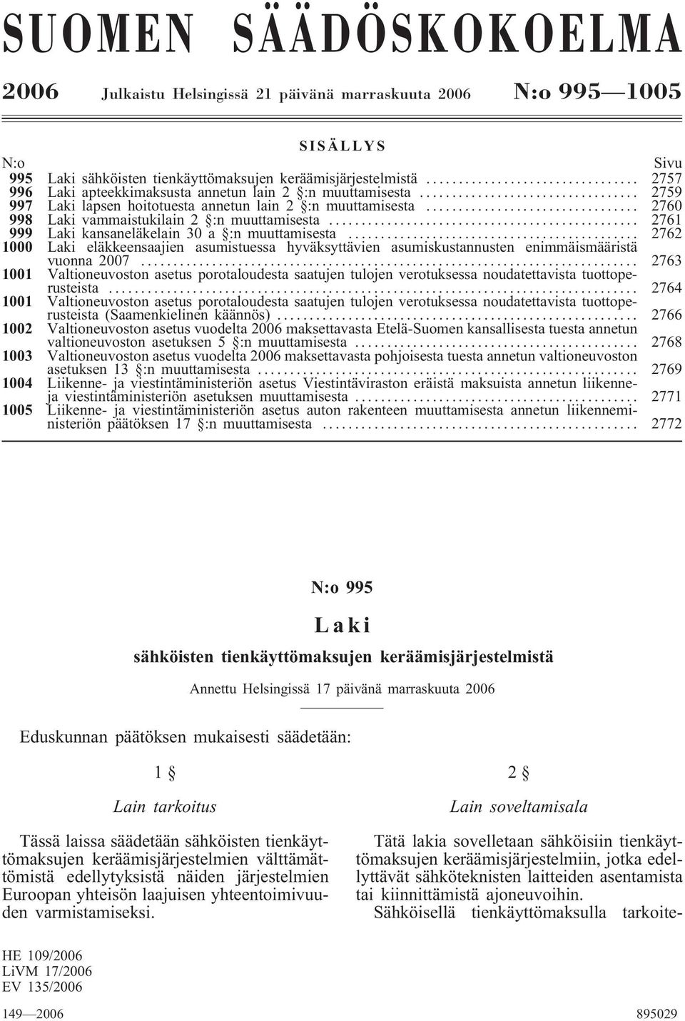 .. 2761 999 Laki kansaneläkelain 30 a :n muuttamisesta... 2762 1000 Laki eläkkeensaajien asumistuessa hyväksyttävien asumiskustannusten enimmäismääristä vuonna 2007.