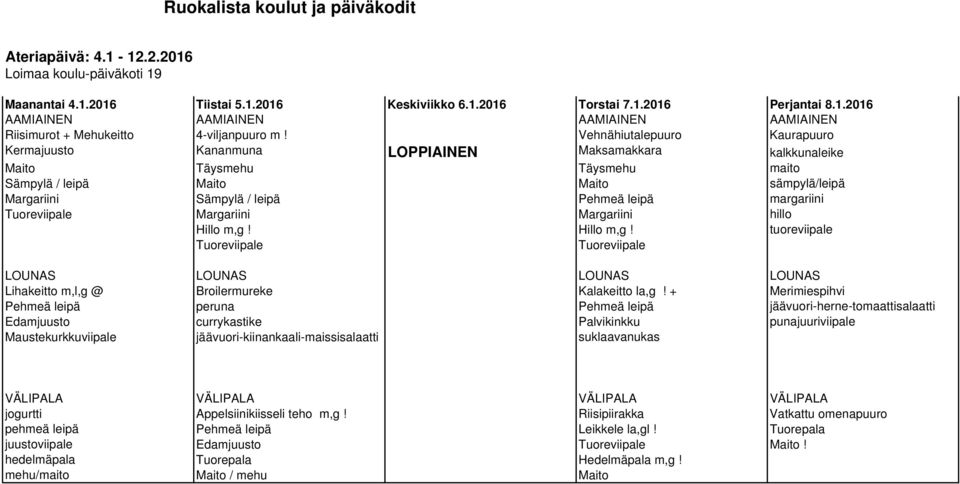 leipä margariini Margariini Margariini hillo Hillo m,g! Hillo m,g! tuoreviipale LOUNAS LOUNAS LOUNAS LOUNAS Lihakeitto m,l,g @ Broilermureke Kalakeitto la,g!