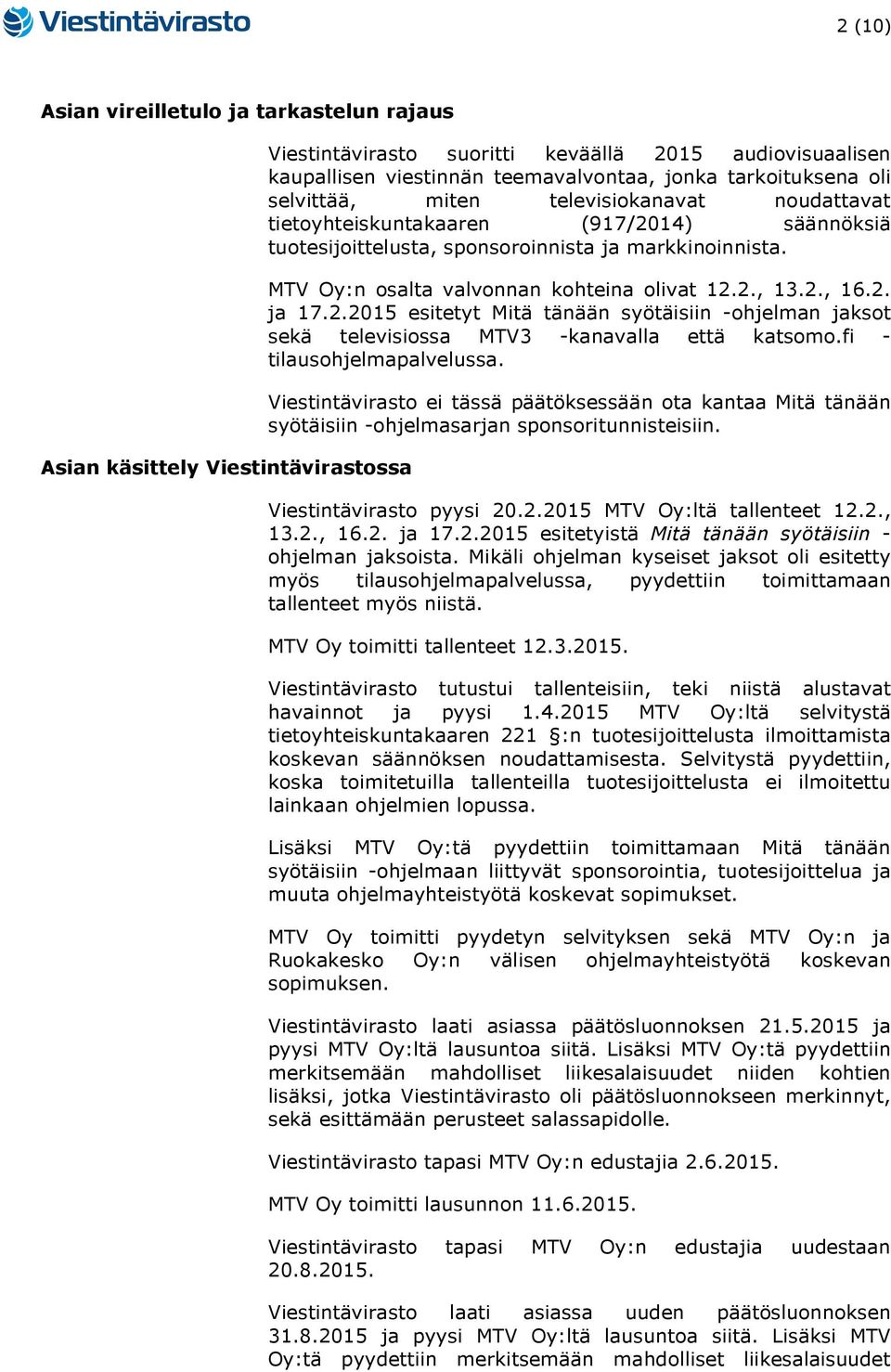 2., 16.2. ja 17.2.2015 esitetyt Mitä tänään syötäisiin -ohjelman jaksot sekä televisiossa MTV3 -kanavalla että katsomo.fi - tilausohjelmapalvelussa.