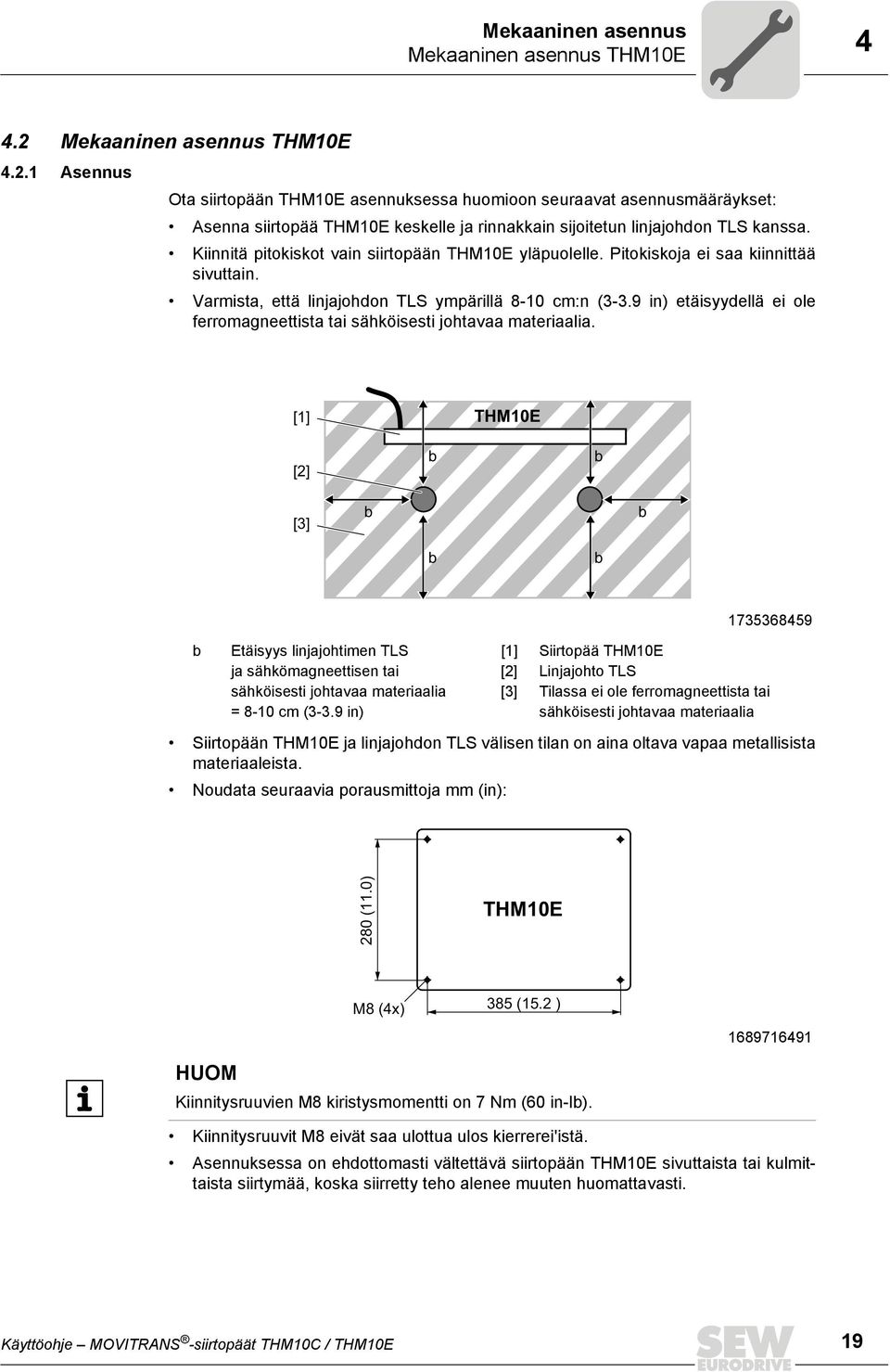 Kiinnitä pitokiskot vain siirtopään THM10E yläpuolelle. Pitokiskoja ei saa kiinnittää sivuttain. Varmista, että linjajohdon TLS ympärillä 8-10 cm:n (3-3.