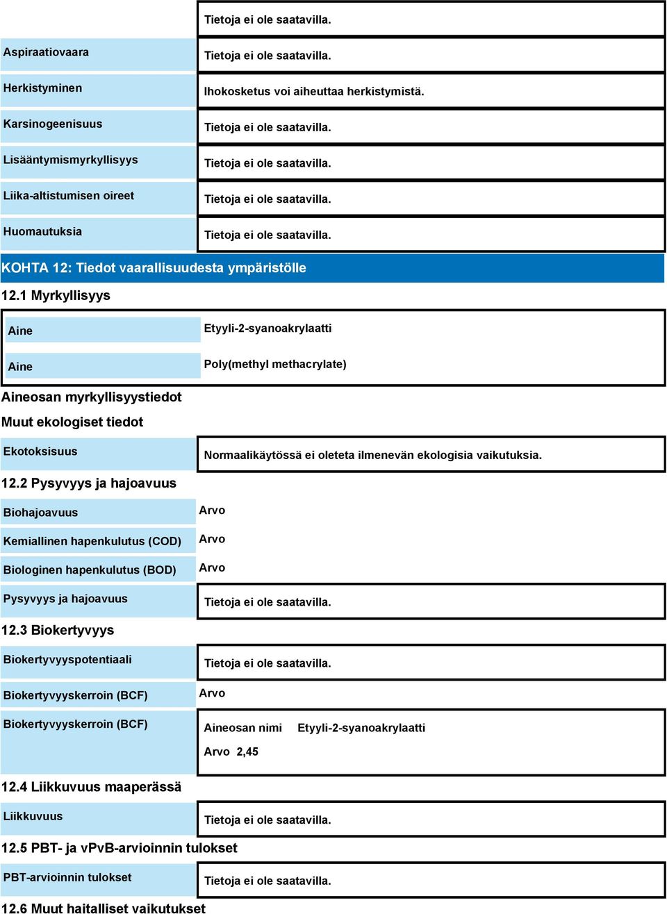 1 Myrkyllisyys Aine Etyyli-2-syanoakrylaatti Aine Poly(methyl methacrylate) Aineosan myrkyllisyystiedot Muut ekologiset tiedot Ekotoksisuus Normaalikäytössä ei oleteta ilmenevän ekologisia