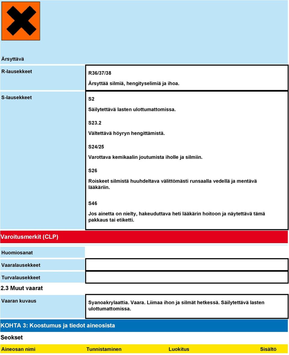 S46 Jos ainetta on nielty, hakeuduttava heti lääkärin hoitoon ja näytettävä tämä pakkaus tai etiketti. Varoitusmerkit (CLP) Huomiosanat Vaaralausekkeet Turvalausekkeet 2.