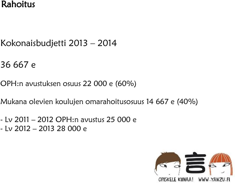 olevien koulujen omarahoitusosuus 14 667 e (40%)