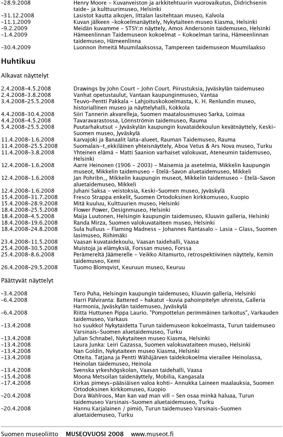 4.2008 4.5.2008 Drawings by John Court - John Court. Piirustuksia, Jyväskylän taidemuseo 2.4.2008 3.8.2008 Vanhat opetustaulut, Vantaan kaupunginmuseo, Vantaa 3.4.2008 25.5.2008 Teuvo-Pentti Pakkala - Lahjoituskokoelmasta, K.